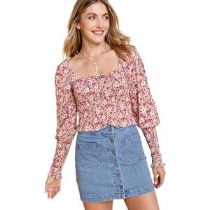 Francescas Mi Ami Blouse Size Large Floral Smocked Long Sleeve Multicolor Boho